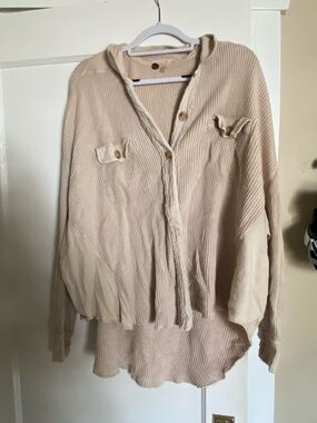 Free People One Scout Jacket Beige Lightweight Button-Front Waffle Knit Top